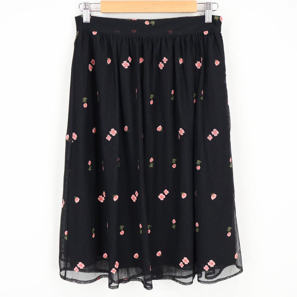 LOFT Floral Mesh Tulle Embroidered Whimsical Midi Skirt Pink Black 4 Petite